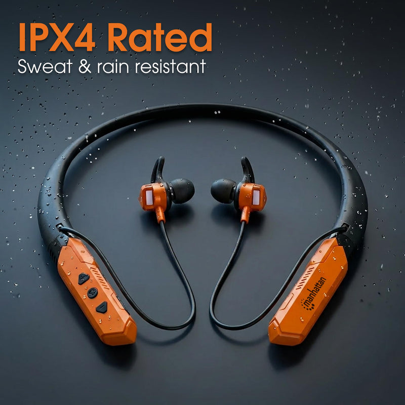 Manhattan Bluetooth 5.2 Neckband Earbuds, 15-Hour Battery, IPX4 Mic | Wireless sport headset with 30 ft range, mic controls, noise-isolating fit, sweat-resistant housing, USB-C charging | 179829 Black/Orange