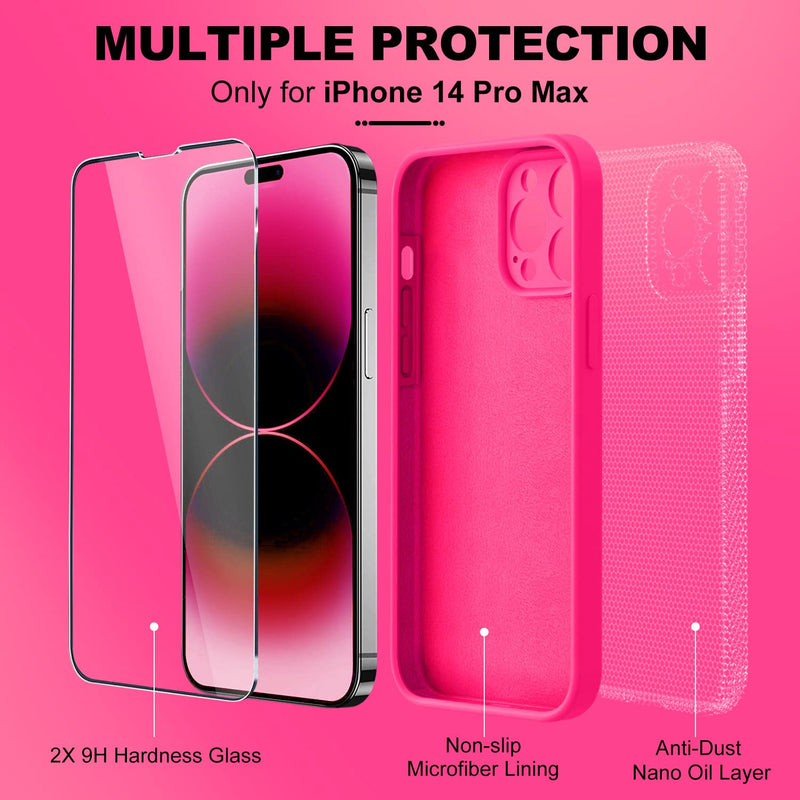BossKiss Compatible with iPhone 14 Pro Max Case 6.7 inch, Premium Liquid Silicone Case [Velvety Touch] [2 Pcs 9H Tempered Glass Screen Protector], Camera All-Round Protection Case, Hot Pink iPhone 14 Pro Max 6.7inch