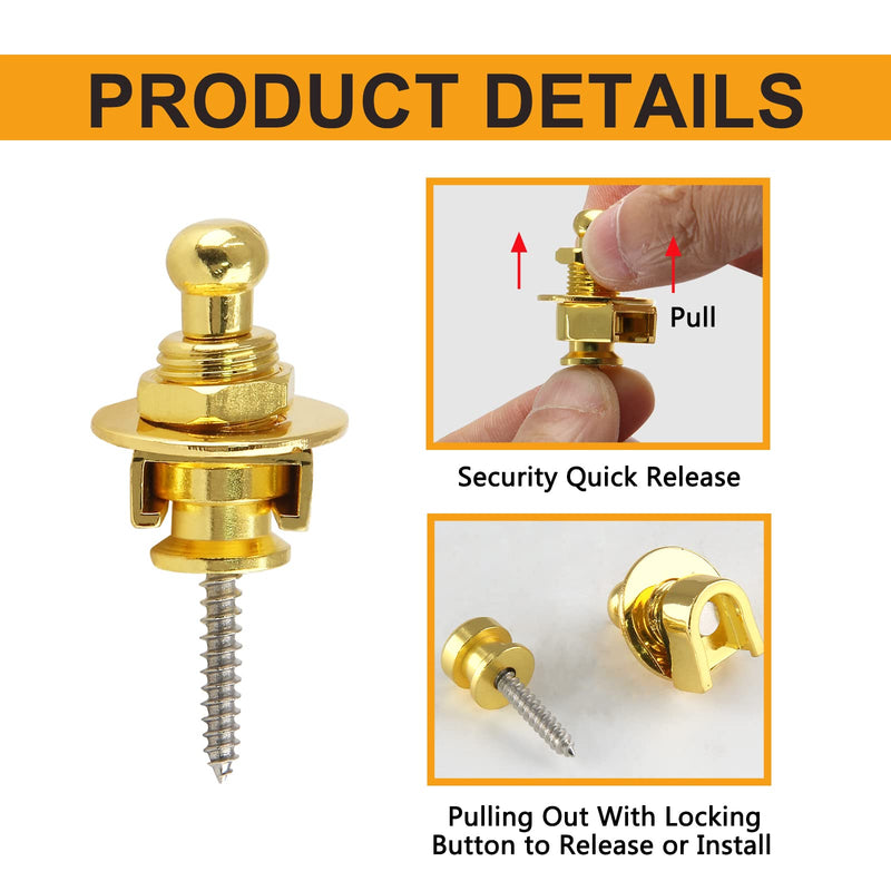 2PCS Guitar Strap Locks, Metal Heavy Duty Guitar Straplocks Replacement, Buttons Quick Release Security retainer System, Gold Strap lock Set for Classical Electric Guitar 2 Pieces