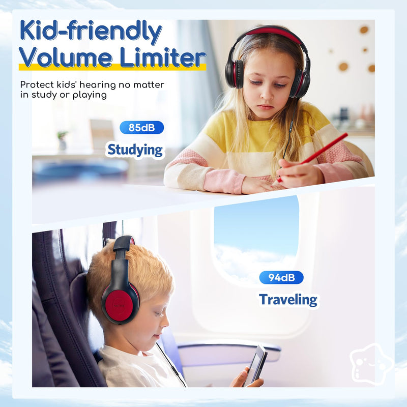 [AUSTRALIA] - EarFun Kids Headphones Wired with Microphone, 85/94dB Volume Limit Portable Headphones for Kids with Shareport, Stereo Sound Foldable Headset for School/Tablet/iPad/Kindle, Black Red Plug 3.5mm 