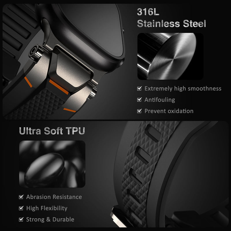 ULTIMAL Rugged Band for Apple Watch Ultra 3/2/1 49mm, Series 11/10/9/8/7/6/5/4 SE 46mm/45mm/44mm, Waterproof, Soft TPU Strap with Stainless Steel Buckle & Connectors, Sweat-Resistant, Easy to Clean, Fits 155-225mm Wrist (Black/Gray) Black/Gray