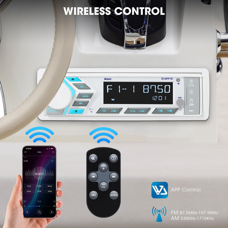 Single Din Marine Stereo Receiver: in Dash Bluetooth Boat Radio - Digital LCD Display Push to Talk Assistant AM FM MP3 SD Aux-in USB Charging 4.2-Channel Audio Output for Marine Vehicle Watercraft