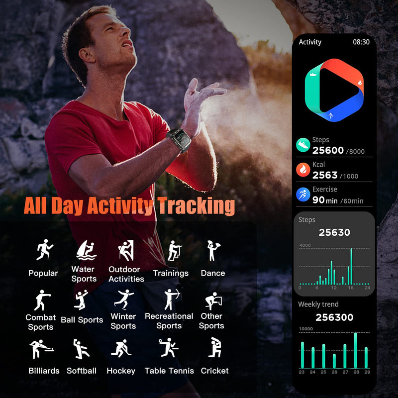 meoonley Military Rugged Smartwatch for Men,Sport Watch with Answer/Make Call IP68 1.83 inch Fitness Tracker Pedometer SpO2 for Outdoor Enthusiasts Black