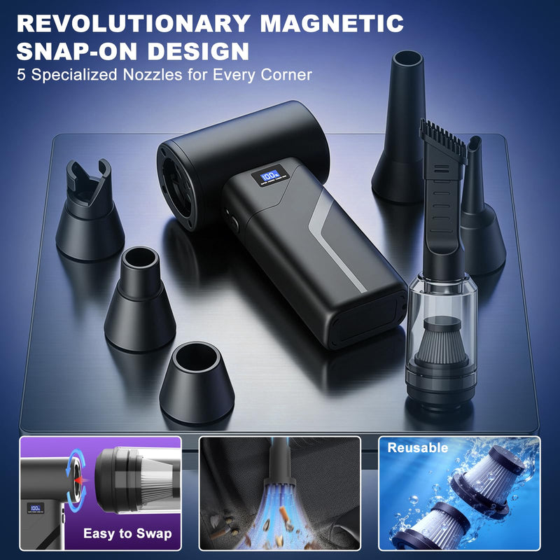 2-in-1 Vacuum and Blower, 110,000 RPM Compressed Air Duster, 160g Powerful Jet Dry Blower, Smart LED Display & Magnetic Nozzles, Cordless Air Duster for PC Cleaning Kit, Keyboard, Car Detailing