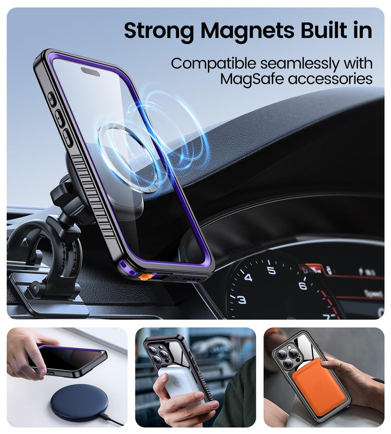 Magnetic for iPhone 16 Pro Max Case Waterproof,Built-in Screen Protector[IP68 Underwater][Upgrade Military Dropproof][Compatible with MagSafe] Full Body Shockproof Case-Purple