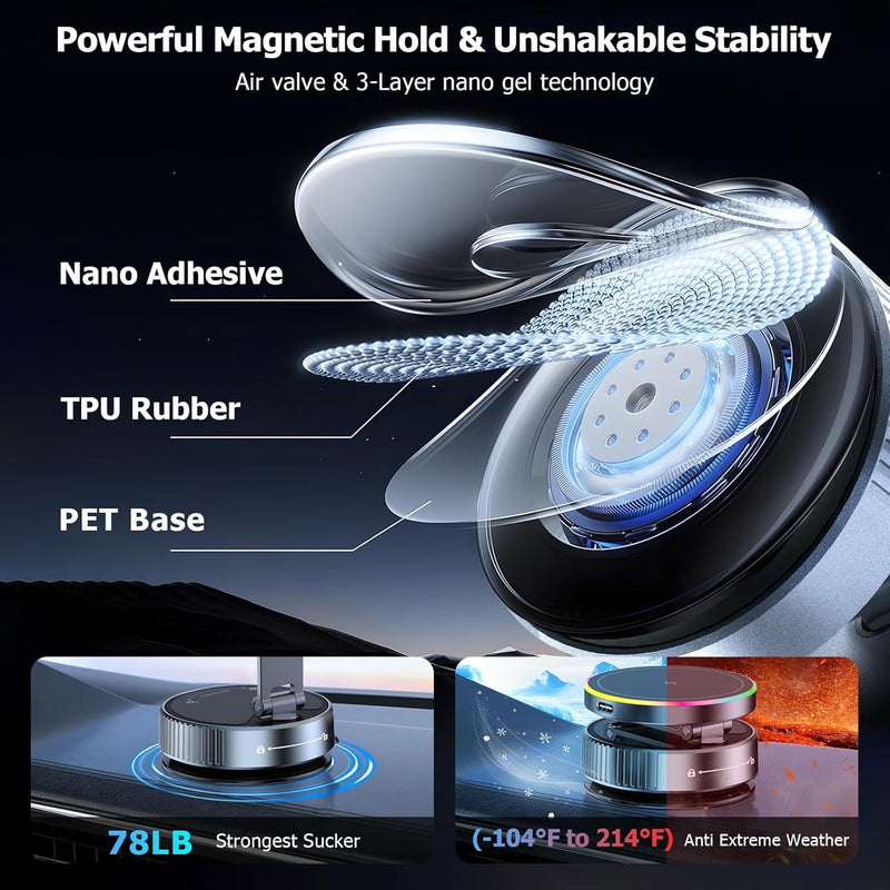 2026 Upgraded MagSafe Car Mount Charger 15W Fast Wireless Charging, 360° Adjustable Vacuum Magnetic Suction Phone Holders for iPhone 17-12 & Android