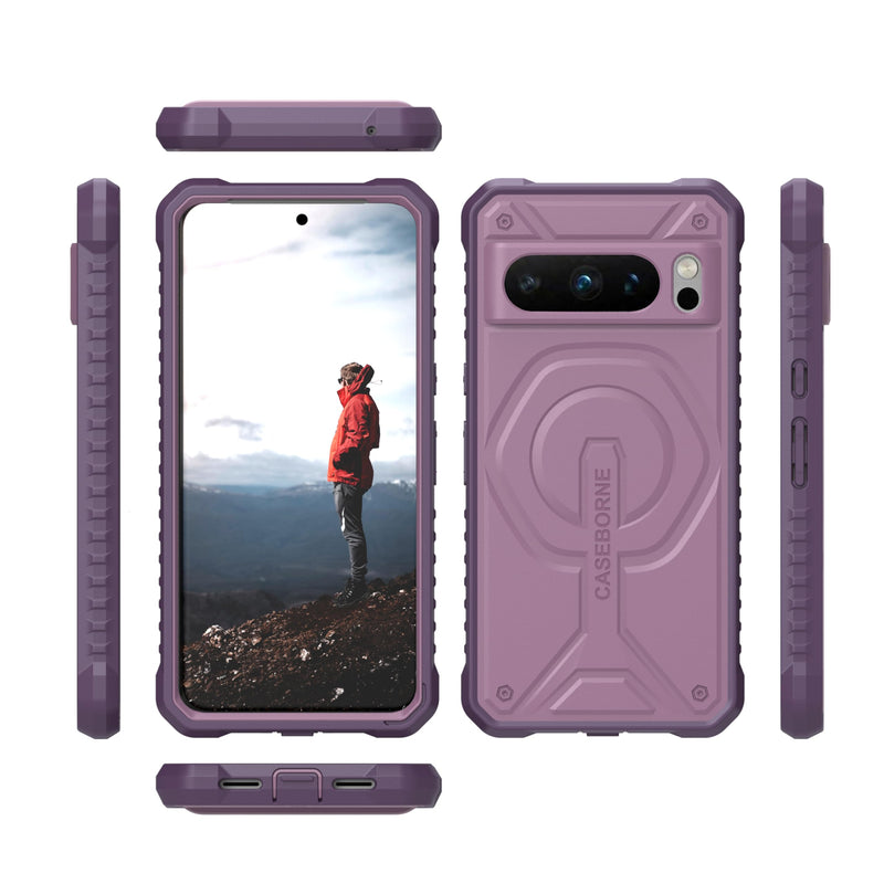 CaseBorne Compatible with Google Pixel 8 Pro Protective Case - Compatible with MagSafe, Slim Yet Rugged with Tempered Glass Screen Protector and Belt Clip Holster Purple