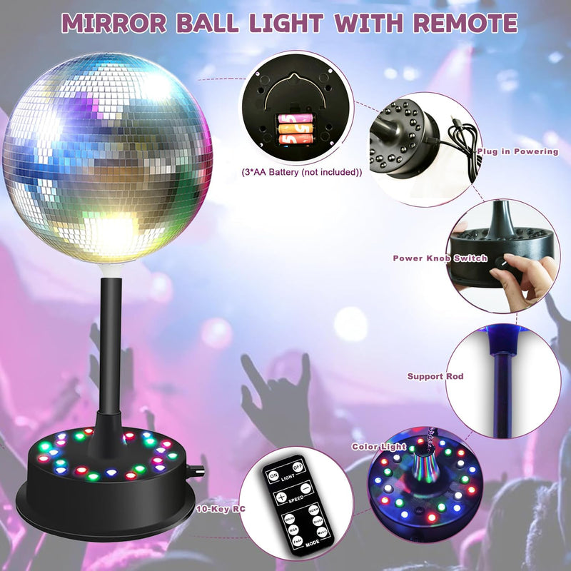 Remote RGBW Rotating Mirror Ball Light,5-10RPM Adjustable Speed Light Up Spinner 23 LED Disco Motor with 6" Mirror Ball for Birthday Party Decor