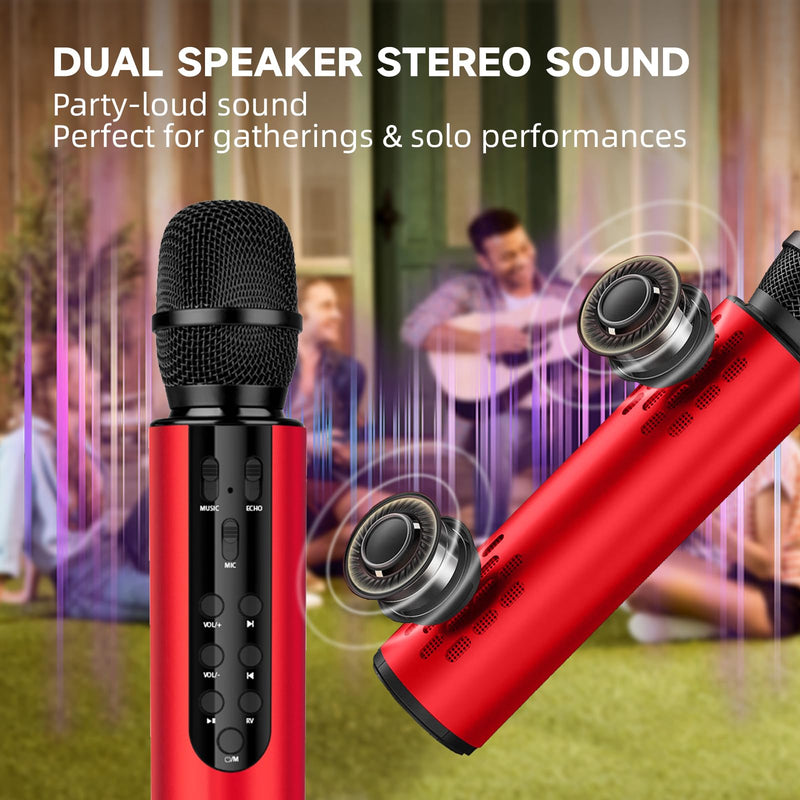 Karaoke Microphone Wireless, 4-in-1 Portable Handheld Wireless Karaoke Bluetooth Microphone with Built-in Sound Card for Home Parties,Travel,Music Recording,Car Singing (Red) Red