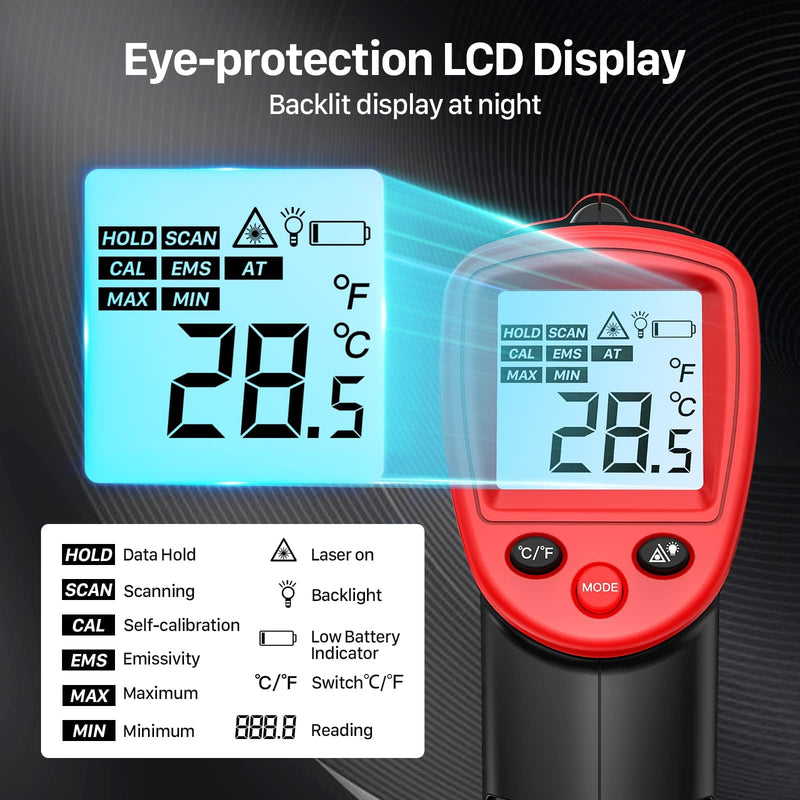 Eventek Infrared Thermometer Gun -50 ° C ~ 600 ° C (-58 ° F ~ 1112 ° F), Non-Contact Laser Thermometer Gun for Cooking, Pizza Oven, Fridge, Temperature Gun with Adjustable Emissivity(NOT for Humans) Red -50°C~600°C (-58℉~1112℉)
