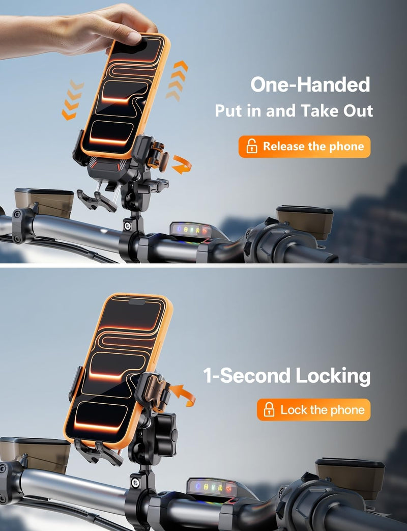 Kewig Anti-Theft Motorcycle Phone Mount with Vibration Dampener | Camera Friendly Bike Handlebar Phone Holder for Bicycle Scooter ATV, Adjustable Size Fit for 5.4-7.2" Cellphone M33-C1