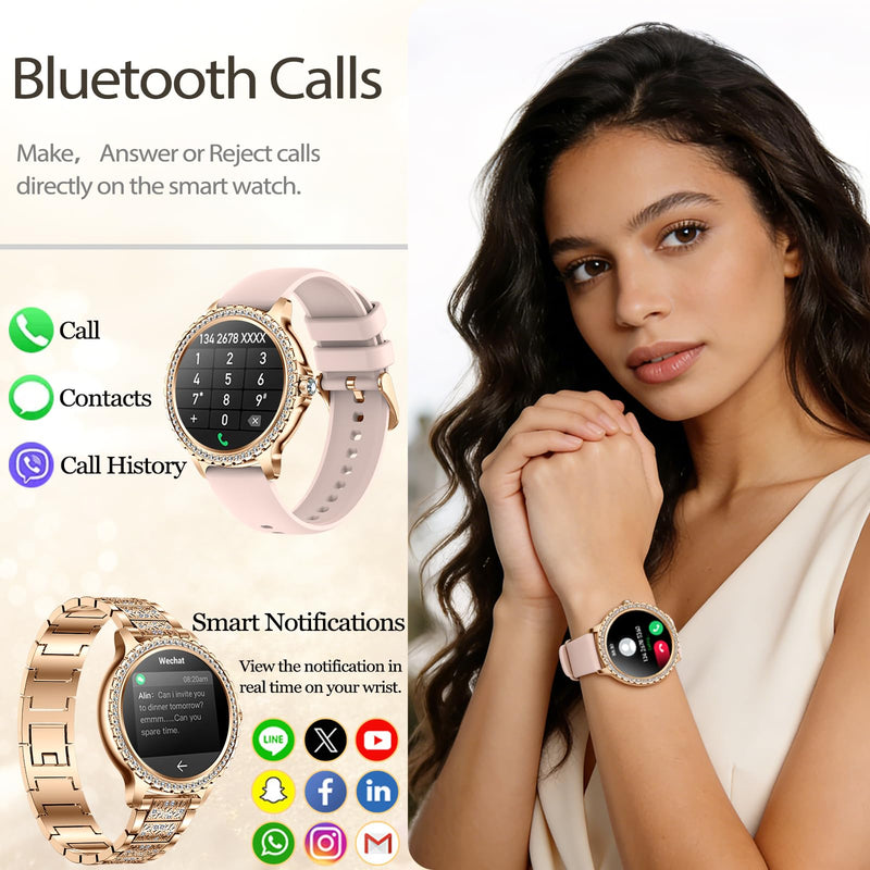 Smart Watch for Women with Diamonds, Bluetooth Calls, 1.32'' Full HD Screen Fitness Tracker with Multiple Sports Modes/Heart Rate/Sleep Monitor, IP68 Waterproof for Android iOS, Elegant Rosegold