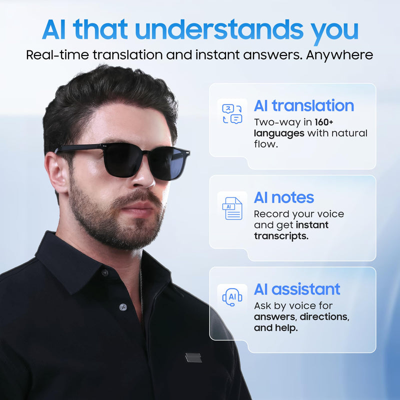 AI Smart Glasses, Translator, Open-Ear Bluetooth, Magnetic Day Night Lens | Real-time AI interpreter & translator, open-ear speakers, auto on/off wear sensor, touch control, for men & women Black-Galaxy