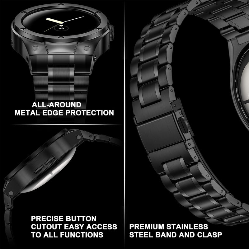 SUPLINK Stainless Steel Case and Bands Compatible with Google Pixel Watch 1/2/ 3 Band 41mm Men, Metal Strap Protective Bumper for Pixel Watch 3 45mm Band Black 45mm Pixel Watch 3