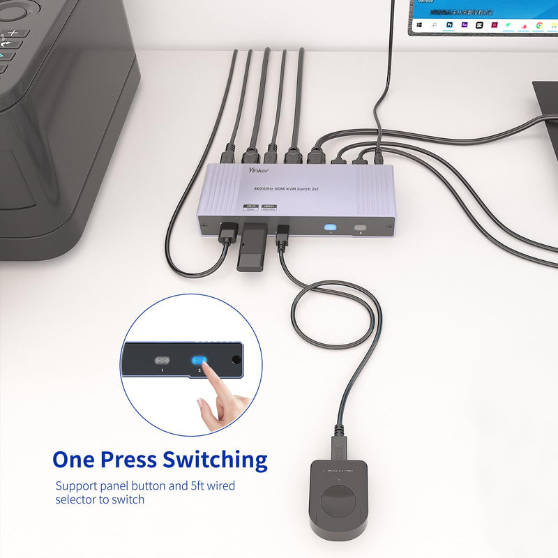8K HDMI KVM Switch 2 Port, 8K@60Hz HDMI 2.1 KVM Switch for 2 Computers 1 Monitor 4 USB3.0 Hubs, Supports 4K@120Hz, 2K@144Hz, 1080P@240Hz (2 USB 3.0 Cable Included)