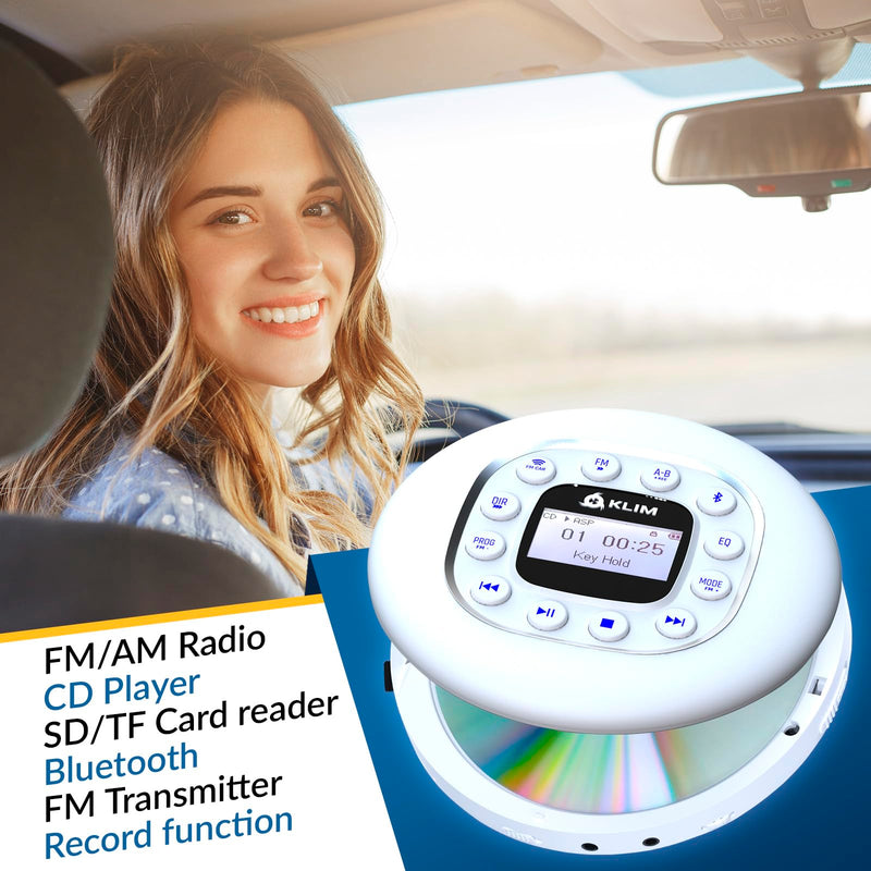 KLIM Journey + Portable CD Player Walkman with Long-Lasting Battery + New 2024 + w/Headphones + Radio FM + Compatible MP3 CD Player + SD Card, FM Transmitter, Bluetooth + Ideal for Cars - White