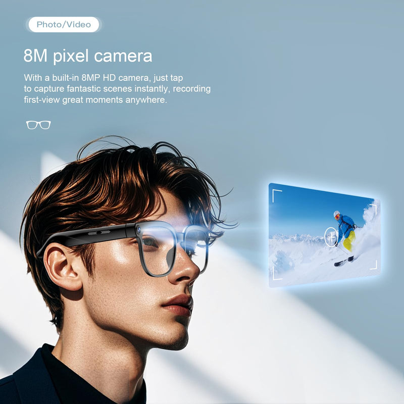 AI Glasses with Camera, 4K Video, 8MP Camera, Translation Smart | Hands-Free POV Recording Glasses, ChatGPT AI Assistant, Bluetooth & Open-Ear Audio, Weatherproof, for Business/Travel Black Glasses Frame