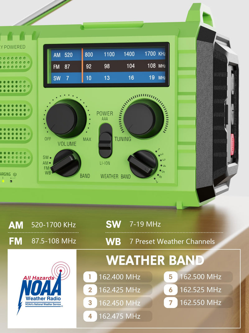 Weather Radio Raynic Solar Hand Crank Emergency Radio 5 Ways Powered AM/FM/SW/NOAA Weather Alert Portable Radio with Flashlight, Reading Lamp (Green) Green