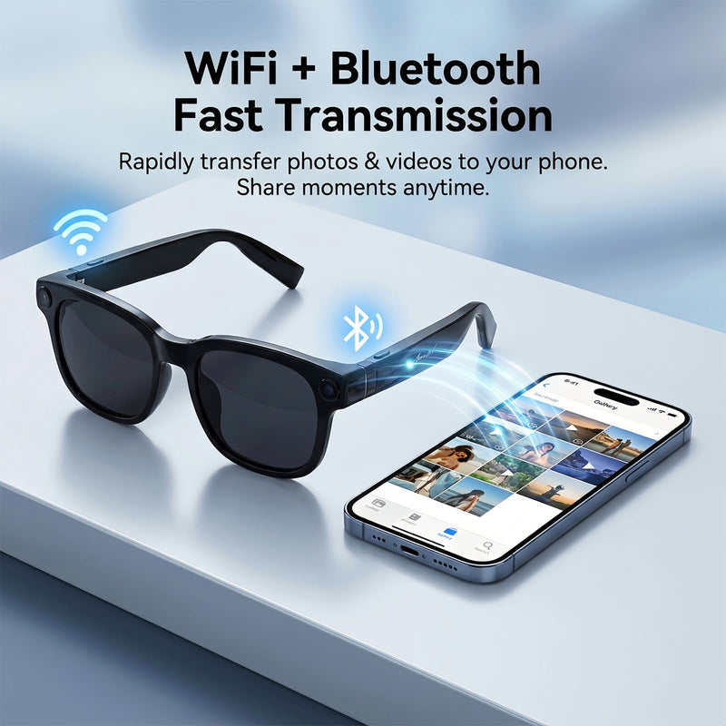 AI Smart Glasses with Camera, 8MP HD Bluetooth Camera Glasses for Women Men | 1080P Video Recording Sunglasses, Real Time Translation, Voice Assistant, Open Earbuds, Travel, Work, Vlog Night Black