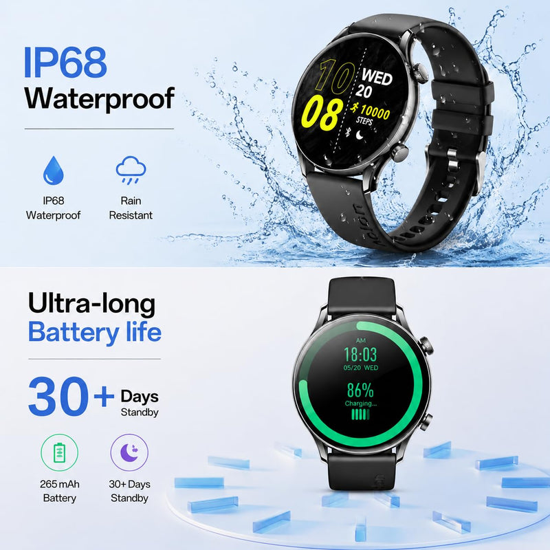 AOLON GTR3 Smart Watch for Men Women, AMOLED Display, Fitness Tracker | Ultra Thin 8.8mm Smartwatch with AMOLED AOD Display, 110+ Sports Modes, Heart Rate Sleep Monitor, IP68 Waterproof Black