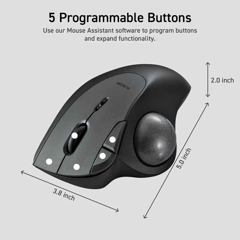 ELECOM Ergonomic Comfort Design Trackball IST Wireless 2.4GHz Connection, Smooth Tracking with Ruby Ball Bearing, 36mm Ball, Thumb Control, Compatible for Windows, PC, and Mac Black (M-IT10DRBK) USB-Wireless