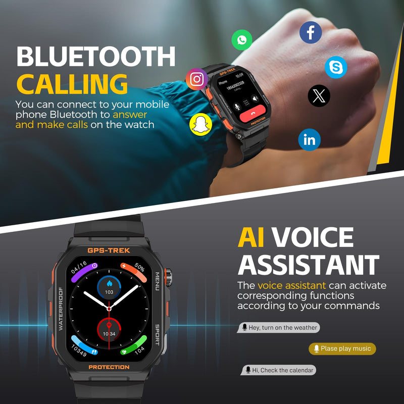 Military Smart Watches for Men Built-in GPS with Bluetooth Call 1.75" HD | Rugged Tactical Smartwatch Big Screen IP68 Waterproof Fitness Tracker Watch with Heart Rate Sleep Monitor for iPhone Android Black-orange