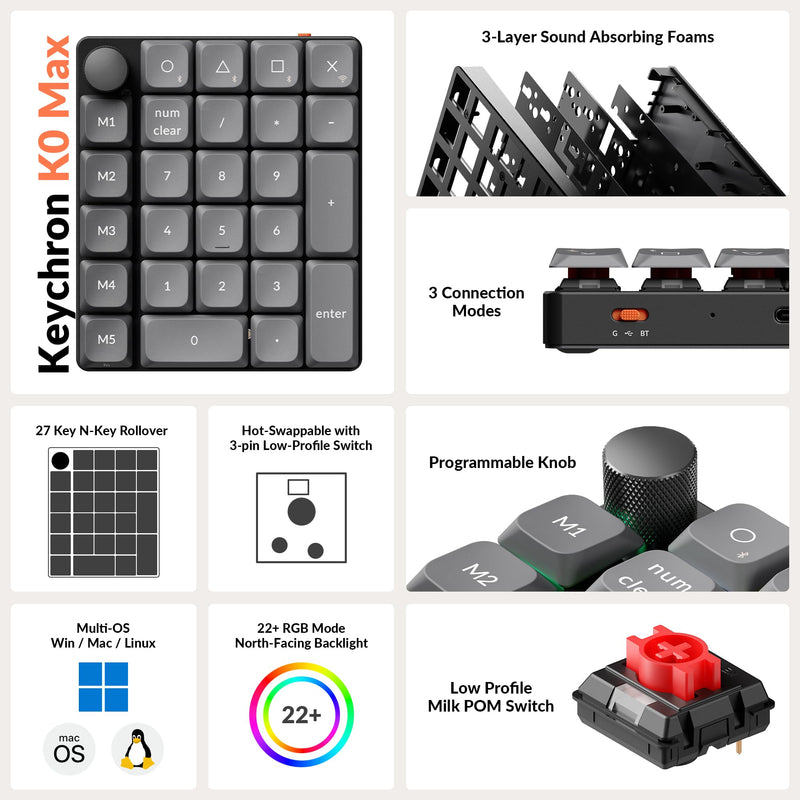 Keychron K0 Max Wireless Low-Profile Number Pad, QMK/VIA Programmable, Hot-Swappable Red Switch, RGB Backlit, 2.4GHz & Bluetooth 5.3, 1000Hz Polling Rate, with Knob, for Windows/Mac Black