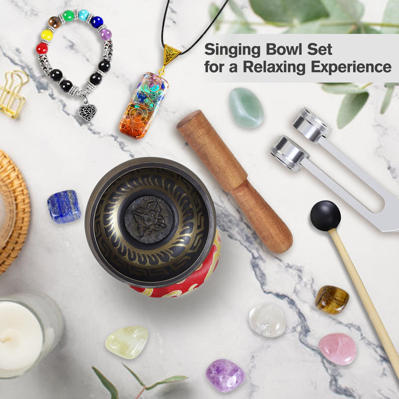 Tibetan Singing Bowl Set, Pure Timbre - Pure and ethereal, Chakra Sound Healing, for Meditation balancing Mindfulness and Stress Relief, Unique Spiritual Gifts for Women and Men (Brass, 3.2-4 inch)