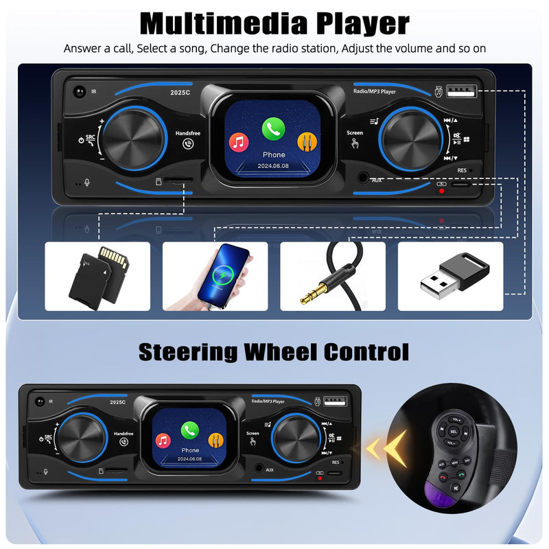 [AUSTRALIA] - Single Din Car Stereo Marine Radio Bluetooth Multimedia Car Audio Receivers with Digital LCD Display FM Car Radio USB/Type-C/SD/AUX-in MP3 Player Lossless Sound Quality Quick Charge+ SWC 
