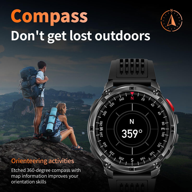 Mens Smart Watch for Android Phones and iPhone,Military Sport Smart Watches for Men Fitness Tracker Watch with Flashlight/Compass/Waterproof/100 Days Battery/Heart Rate/Sleep/100+ Sport Modes Black