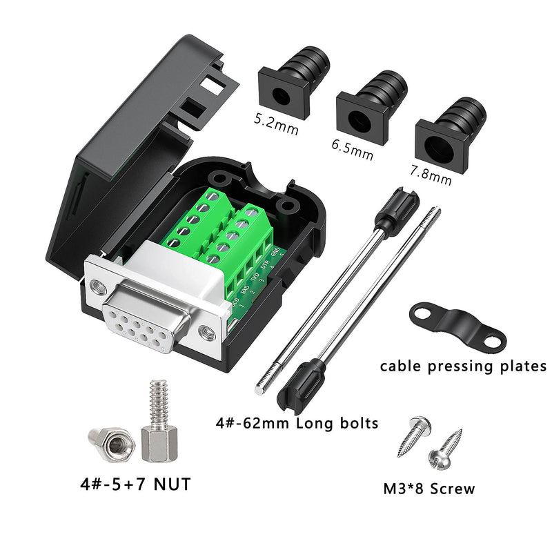 JUXINICE 2PCS DB9 Female adapters DIY rs485 RS232 9 pin Serial Cable, RS232 D-SUB 9 Serial Solderless Adapters Connector Breakout Board Bolts or Nuts (2PCS Females) 2PCS Female gold plat PIN+Bolts and Nuts
