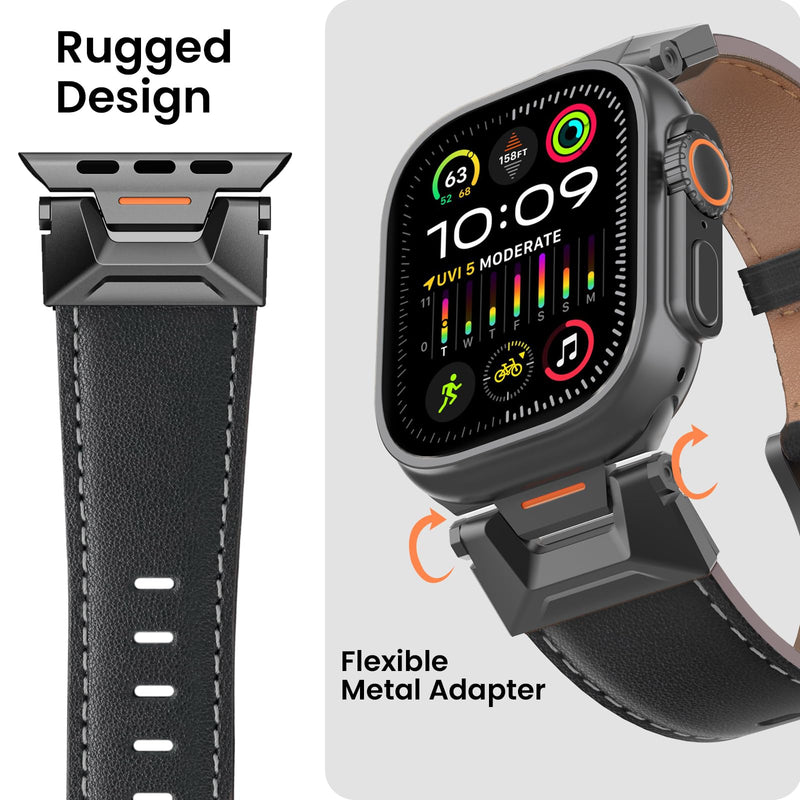 Top Grain Genuine Leather Compatible with Apple Watch Ultra Band 49mm 46mm 45mm 44mm 42mm, Rugged Metal Connector Band Strap for Women Men iWatch Ultra 2/1 Series 10 9 8 7 6 5 4 3 2 1 SE