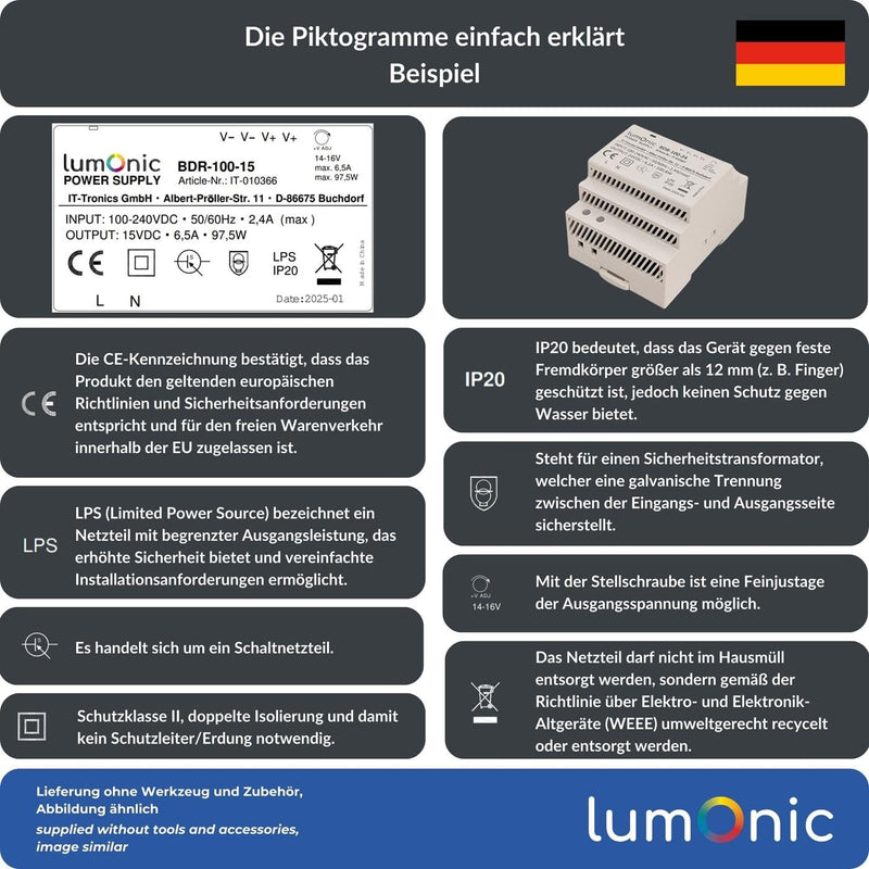 Lumonic I Power Supply DIN Rail BDR-30-12 I 12 V / 30 W I Input 100-240 VAC I Overload Protection & Short Circuit Proof I DIN-Rail Switching Power Supply I Control Cabinet & 12V