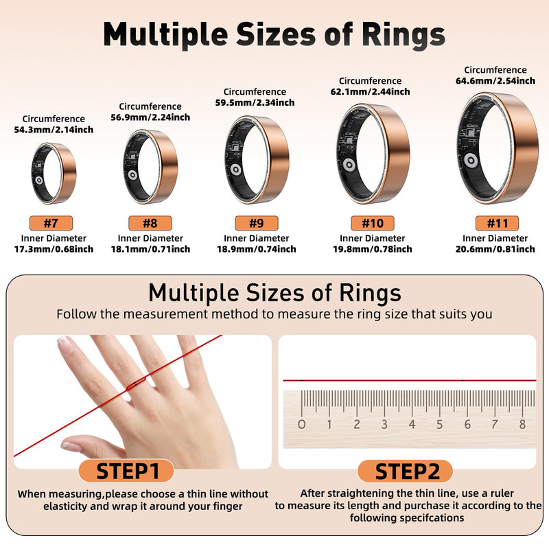 Smart Ring with Sleep Monitoring, Step Counting, Heart Rate, Blood Oxygen for iPhone and Android, No Subscription Fee, IP68 Waterproof Health Tracker (Black, 8)