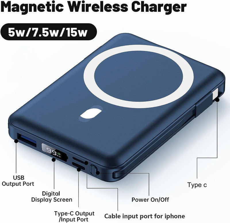 Yiisonger for Magsafe Battery Pack - 10000mAh Portable Charger for Mag-Safe 22.5W PD Fast Charging with Built-in Cables LED Display, Magnetic Power Bank for iPhone 16/15/14/13/12/Pro/Mini/Pro Max Blue