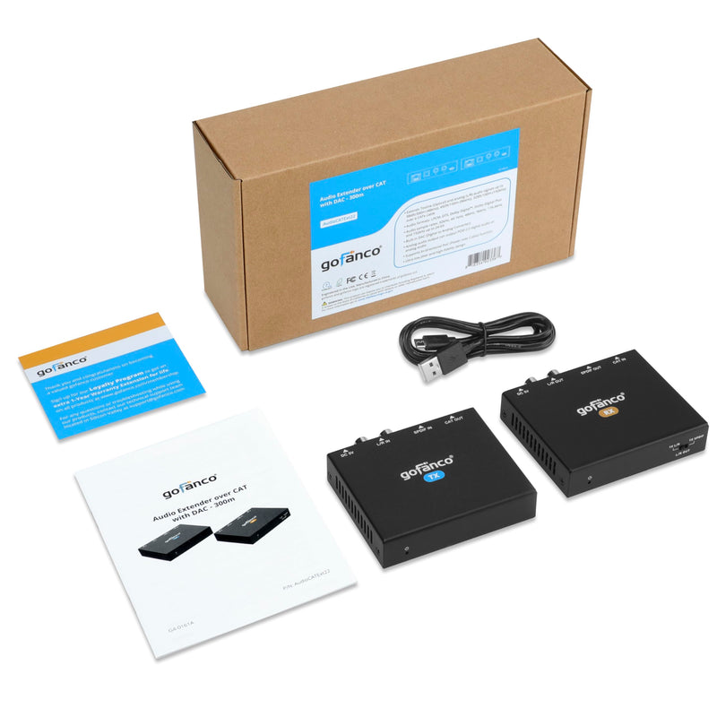 gofanco Audio Over Cat5e/6 Cable Extender 192KHz - 300m (AudioCATExt22) | 984ft, Dual PoC, Dolby Digital 5.1, PCM 2.0, 192KHz 5.1-Channel 984ft 5.1-Channel w/ DAC