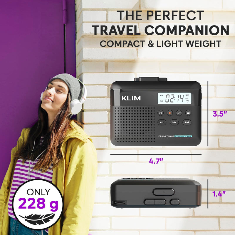 [AUSTRALIA] - KLIM K7 Cassette Tape Player + Cassette to MP3 Converter + Portable Cassette Player + Walkman Cassette Player + Built-in Microphone & Speaker + Rechargeable Battery + Earphones + 16GB SD Card Black 