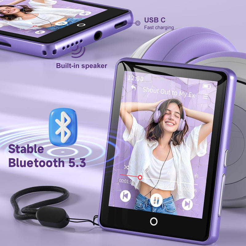 32GB MP3 Player with Bluetooth 5.3 Auto Reconnect, Zinc Alloy Frame | Built-in Speaker & White Noise, 2.8" Touchscreen, 48H Battery, Resume Playback, Supports 128GB microSD Card, Metallic Purple