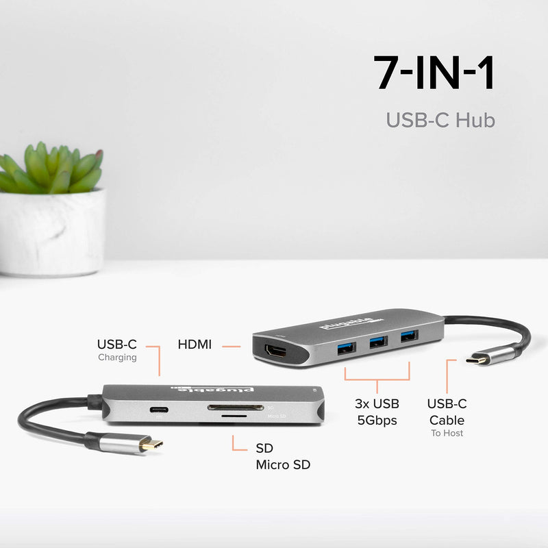 Plugable USB-C Hub 7-in-1, Compatible with Mac, Windows, Chromebook, USB4, Thunderbolt 4, and More (4K HDMI, 3 USB 3.0, SD & microSD Card Reader, 87W Charging)