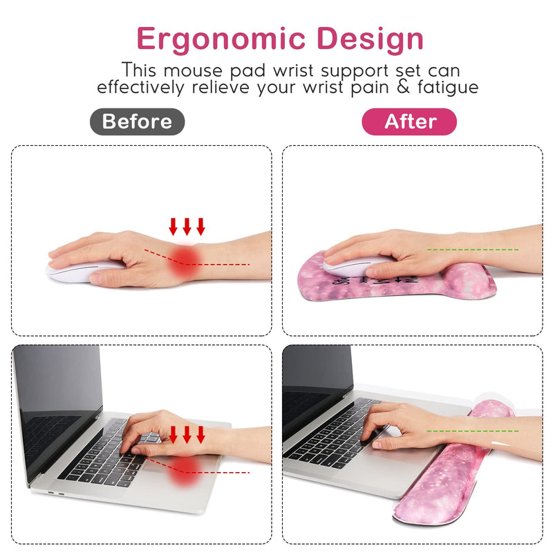 Ergonomic Mouse Pad with Wrist Support Gel, DINKY Upgraded Keyboard Wrist Rest Pad Set, Lovely Coaster with Non-Slip PU Base Mouse Pads for Working, Gaming and Family (Pink Letters) Pink Letters
