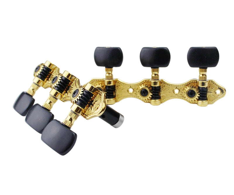 Guyker Classical Guitar Tuners, 1:18 Ratio Open Frame Style Acoustic Guitar Tuning Keys Steel String Pegs Machine Heads 2 Planks (3+3) (Gold, Black Button) Gold, Black Button