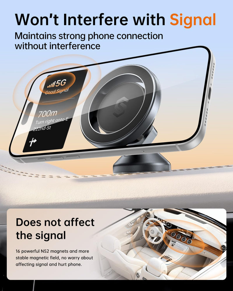 SYNCWIRE MagSafe Car Mount, Adjustable Magnetic Phone Holder, Space Gray | 360° Rotating Strong Magnet Phone Mount with 3M VHB Adhesive, Compatible with iPhone 17/16/15/14/13/12 & MagSafe Cases