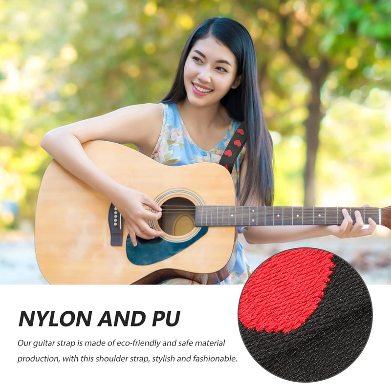 Vaguelly Guitar Strap, Adjustable Nylon Shoulder Strap with PU Ends, Embroidery Guitar Shoulder Strap Red Heart Patterned