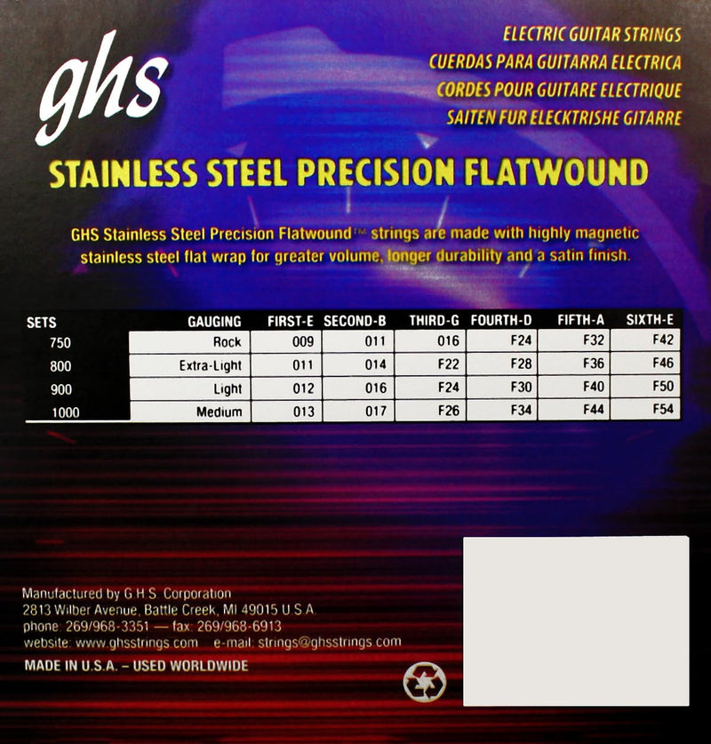 GHS Strings - Precision Flatwound - Electric Guitar Strings - Stainless Steel - High Volume - Polished Smooth - (L) - Light Gauge (900 SET) - 12-50 Light (12-50) Pack of 1