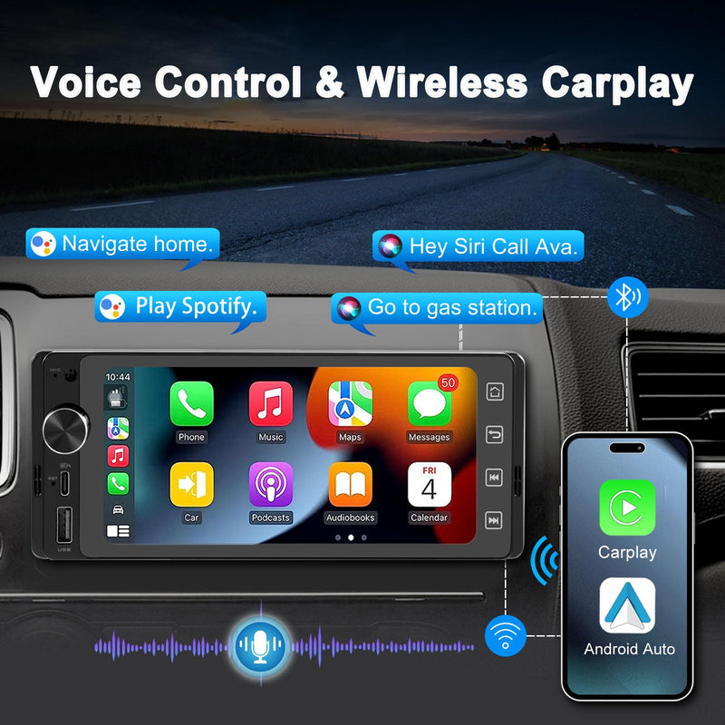 Single Din Touchscreen Radio Wireless/Wired CarPlay & Android Auto, HD IPS Touchscreen Car Stereo Single Din with Bluetooth 5.4, Mirror Link, Volume Knob, FM/SWC/EQ/USB 5.1"