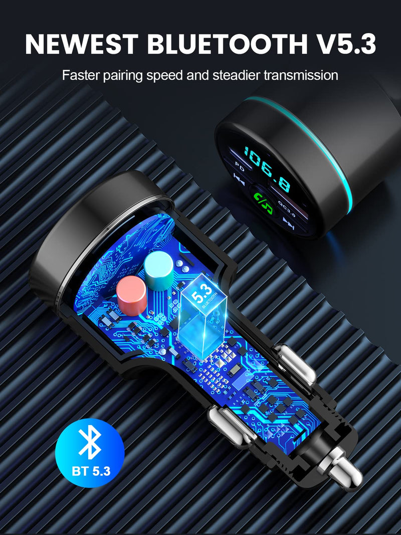 FM Transmitter for Car Bluetooth 5.3, [All-Metal] PD 30W & QC3.0 18W Fast Car Charger, Wireless FM Radio Car Kit Bluetooth Car Adapter, Noise Cancelling Hands-Free Call, Blue Light - Black