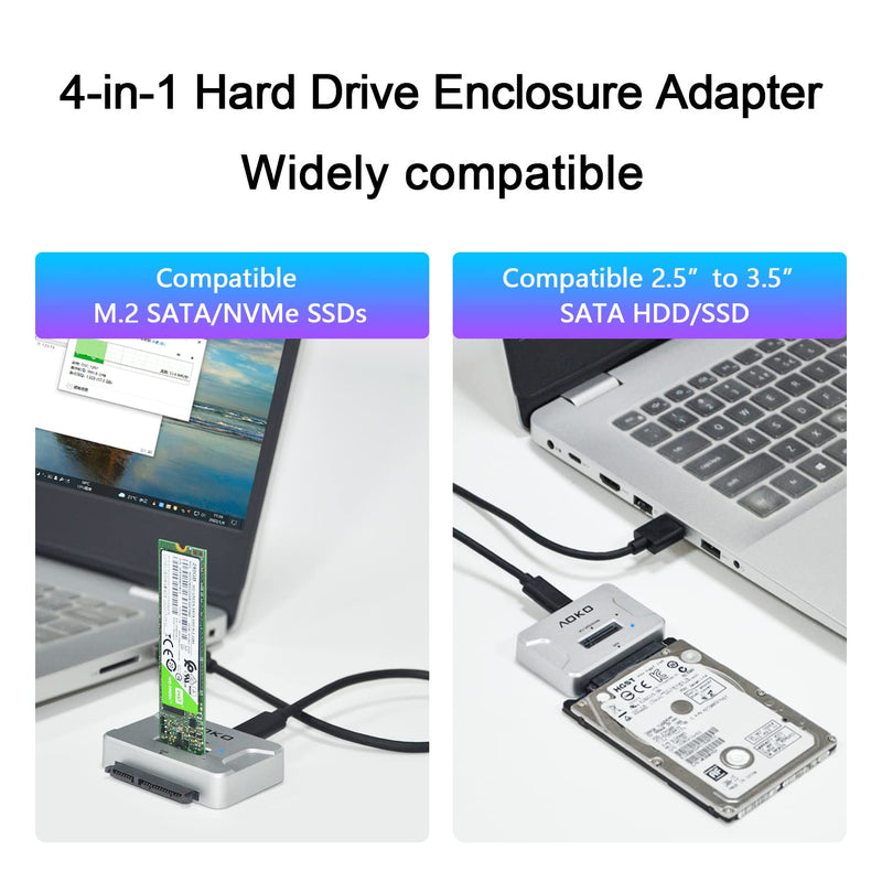 AOKO USB-C to M.2 Docking Station with 2.5" /3.5" SATA Hard Drive Adapter Converter , 4-in-1 NVMe to USB M.2 Adapter SATA NVMe SSD Enclosure Reader M.2 Dock or SATA Adapter