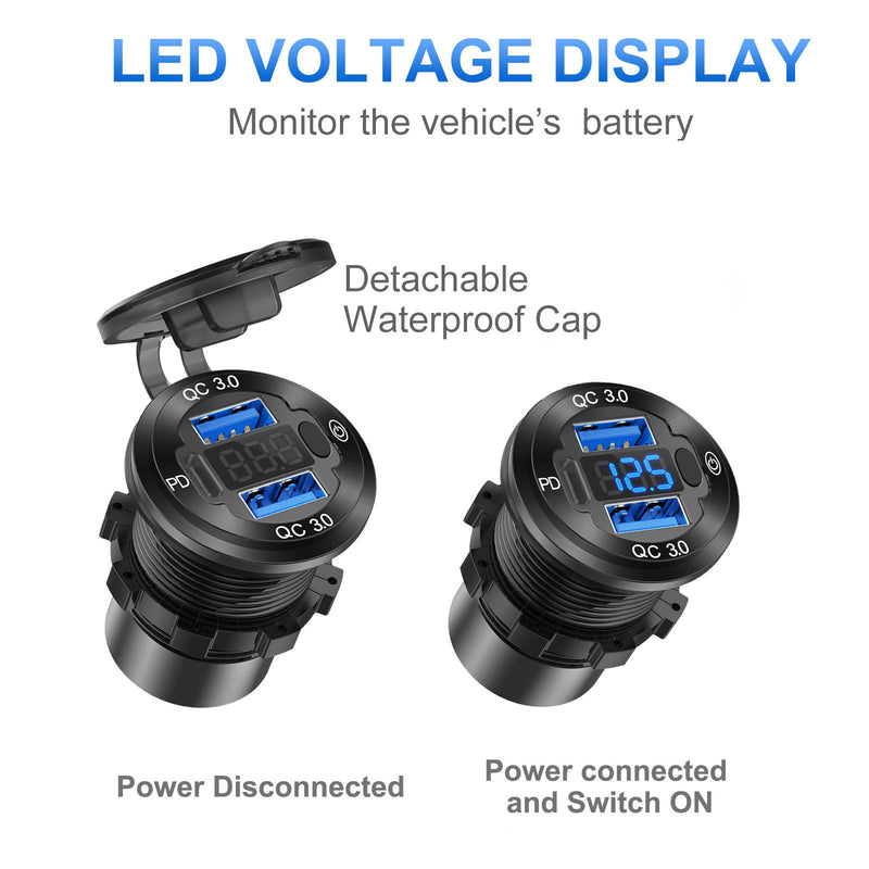 2 Pack 12V USB Outlet Wire Aluminum Car Charger Multi Port, Dual Quick Charge 3.0 Port and PD USB C Socket with Voltmeter Switch for Car Boat Marine Truck RV, Fast Charge for Phones lPad, etc. pack of two