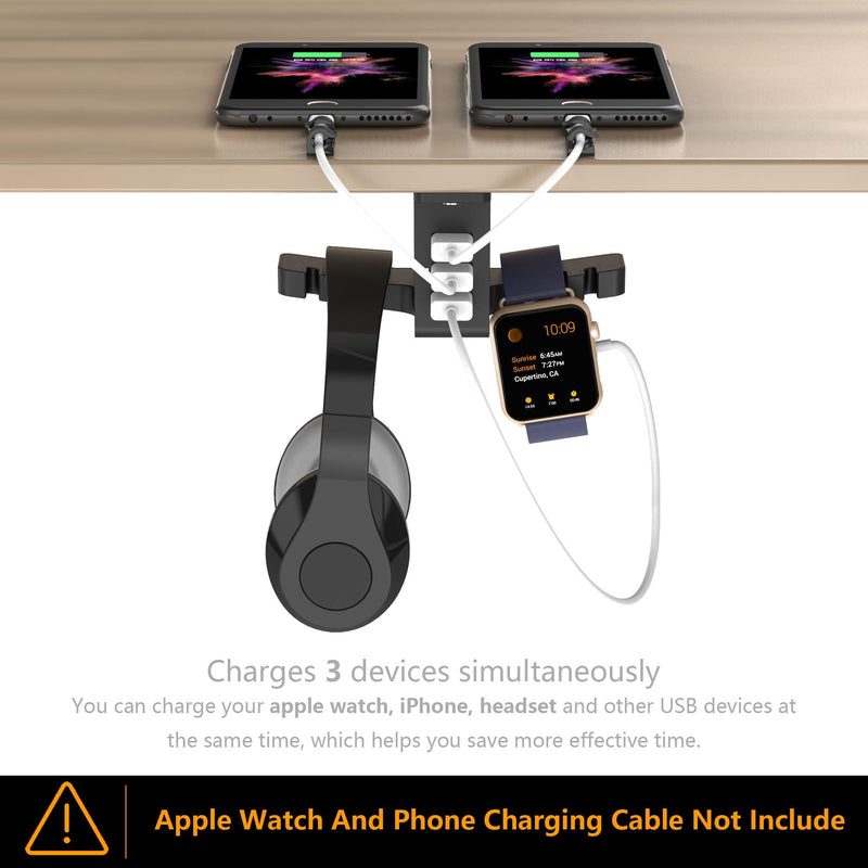 Headphone Stand with USB Charger COZOO Under Desk Headset Holder Mount with 3 Port USB Charging Station and iWatch Stand Smart Watch Charging Dock Dual Earphone Hanger Hook,UL Tested Black