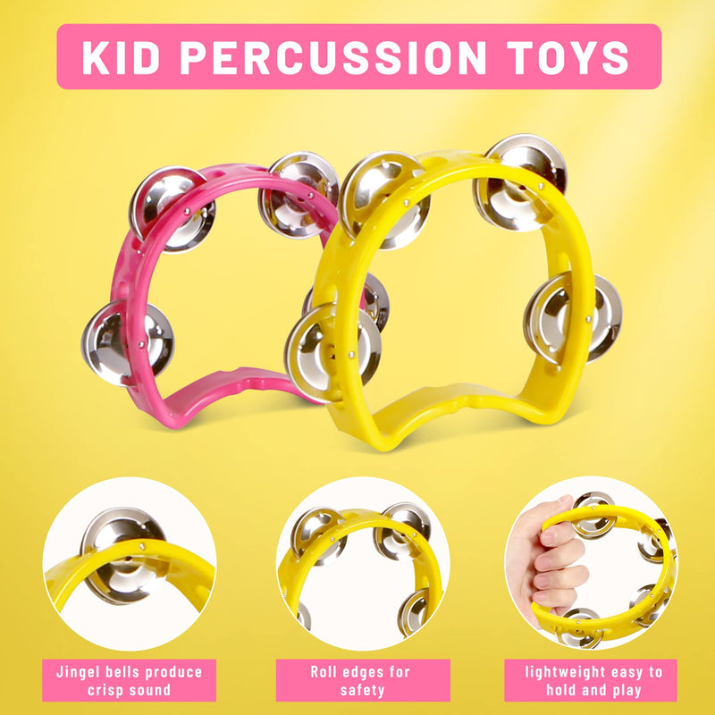 [AUSTRALIA] - Tambourine for Kids, Hand Tambourines Bulk Toddlers Musical Instrument, Metal Jingles Hand Held Percussion, Small Tambourine for Kids, Boys, Girls, 4 Pack 4-colors 